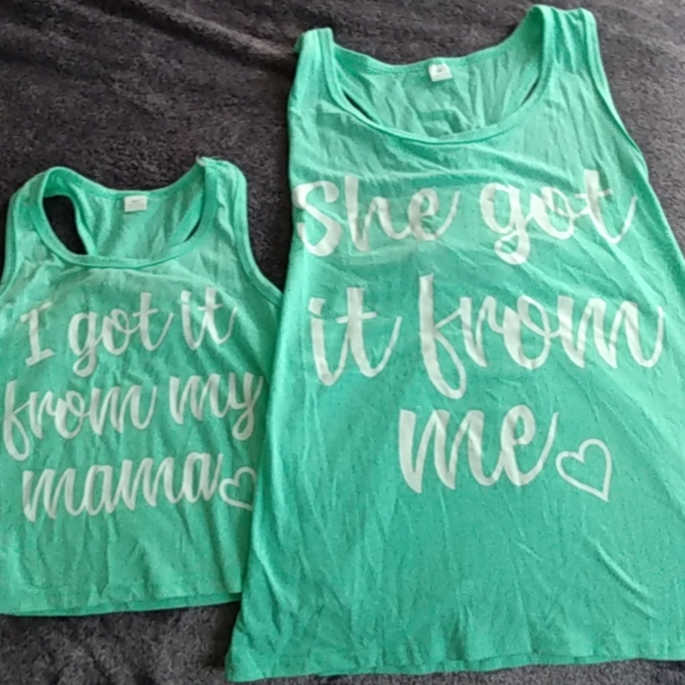 Mommy and me matching tank tops  teal with pink bows